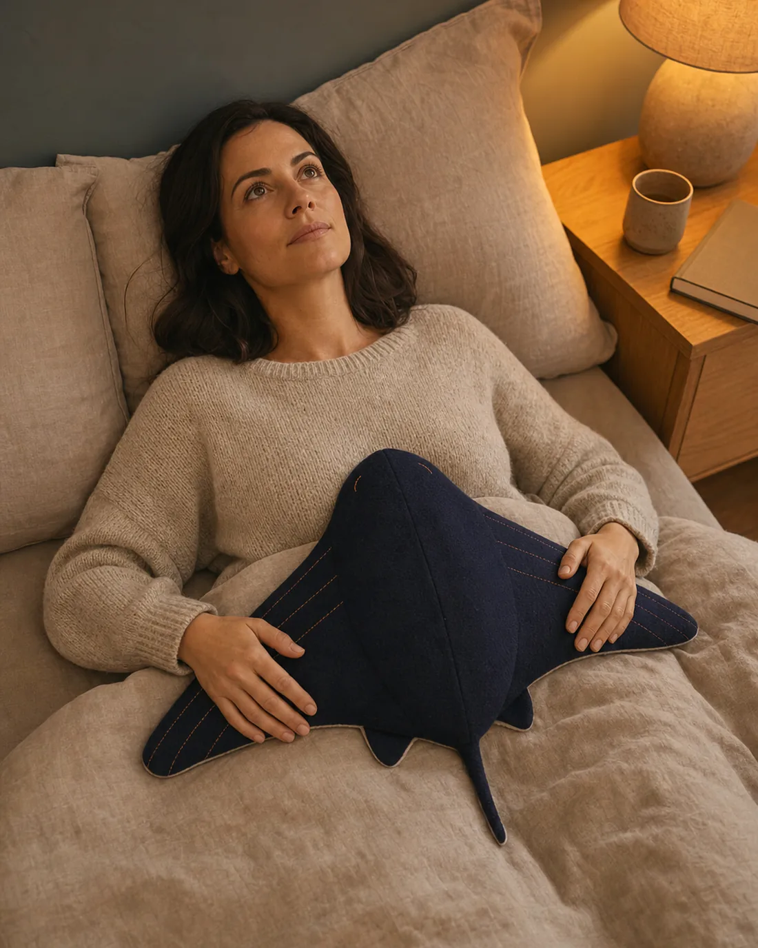 A woman winding down in bed by lamplight, awake, with Cove resting across her lower belly