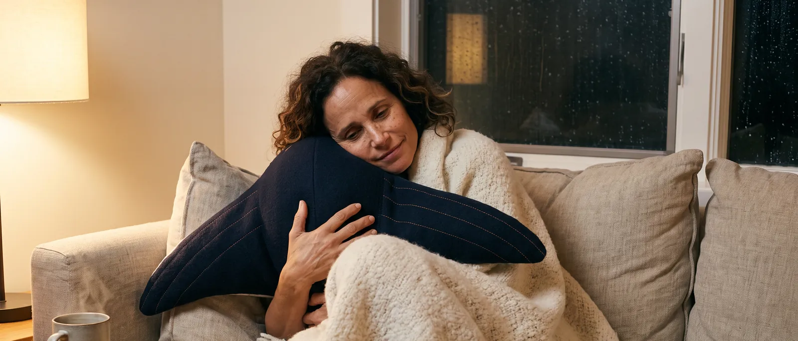 On a rainy evening, a woman curled into the corner of a sofa under a wool throw hugs Cove to her chest, her cheek resting on it