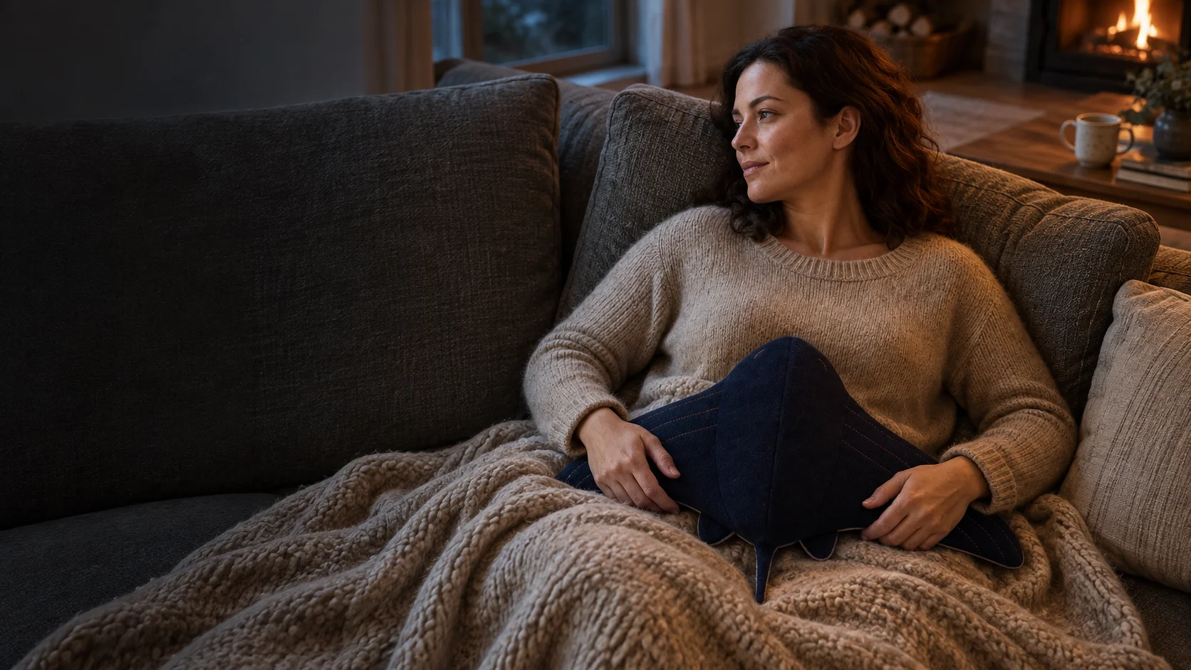 A woman taking a quiet moment on a wool-covered sofa, Cove resting across her lower belly, with a wood fire in the background