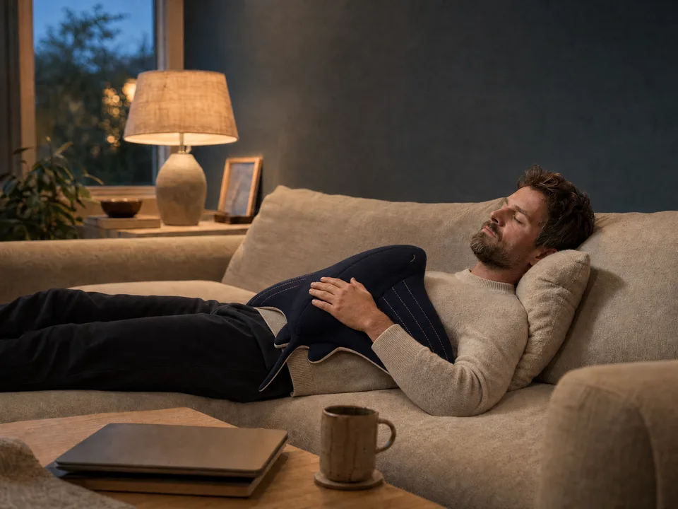 A man unwinding with Cove on the sofa, his laptop closed beside him