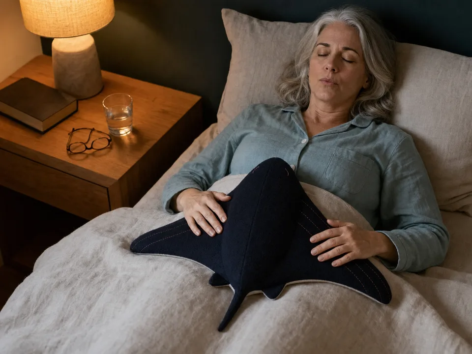 A woman taking a few slow breaths with Cove in bed beside a warm bedside lamp