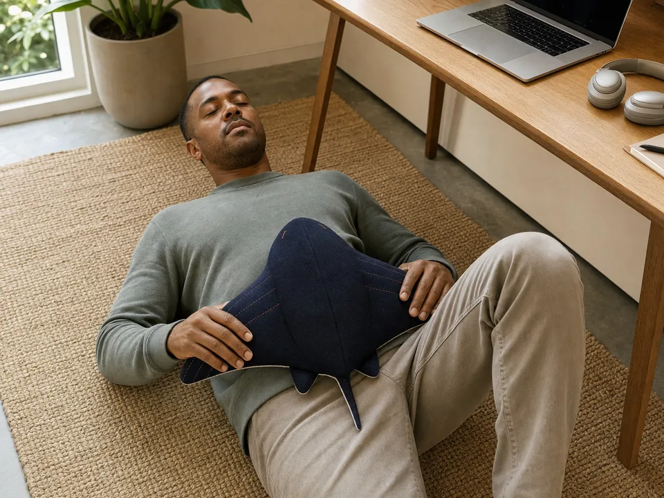 A man taking a breathing break with Cove on the floor beside his desk