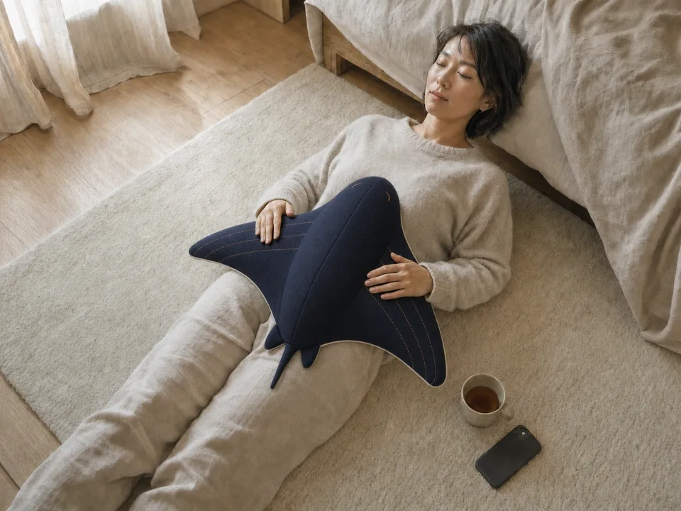 A woman reclining on a bedroom rug with Cove on her belly, tea and her phone beside her